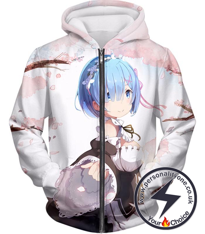 Re:Zero Water Magic User Maid Rem Cool Printed Zip Up Hoodie